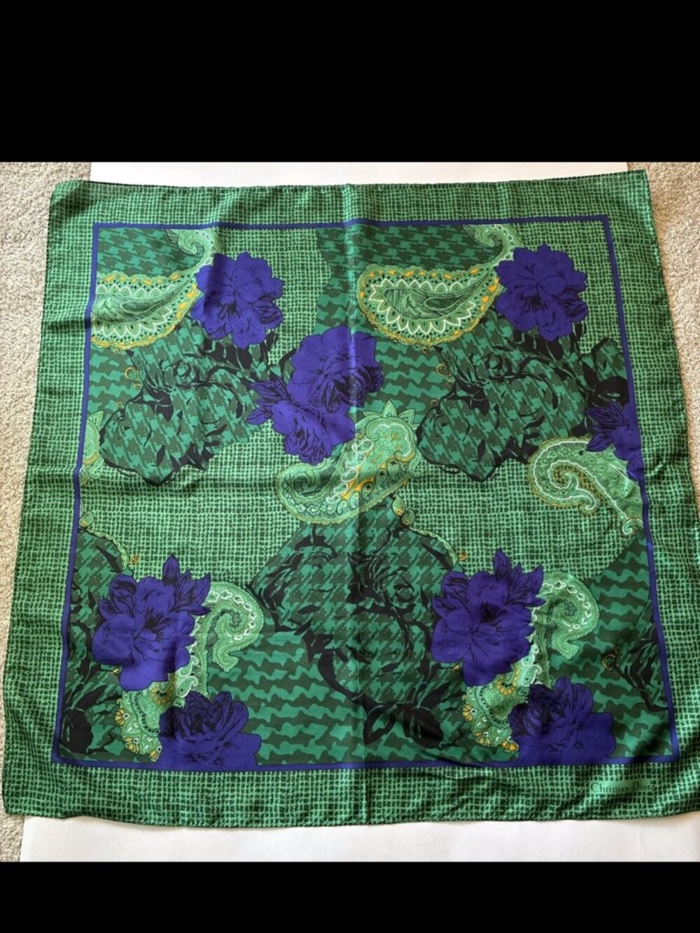 Vtg Christian Dior 100% Silk Purple Green Paisley Floral 31” Square Scarf Signed